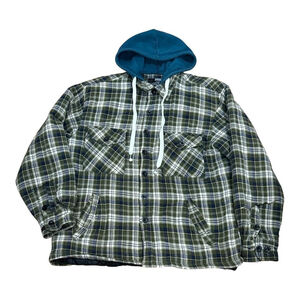 Azur Jacket Mens Large Green Plaid Hooded Quilted Lined Flannel Shacket Workwear